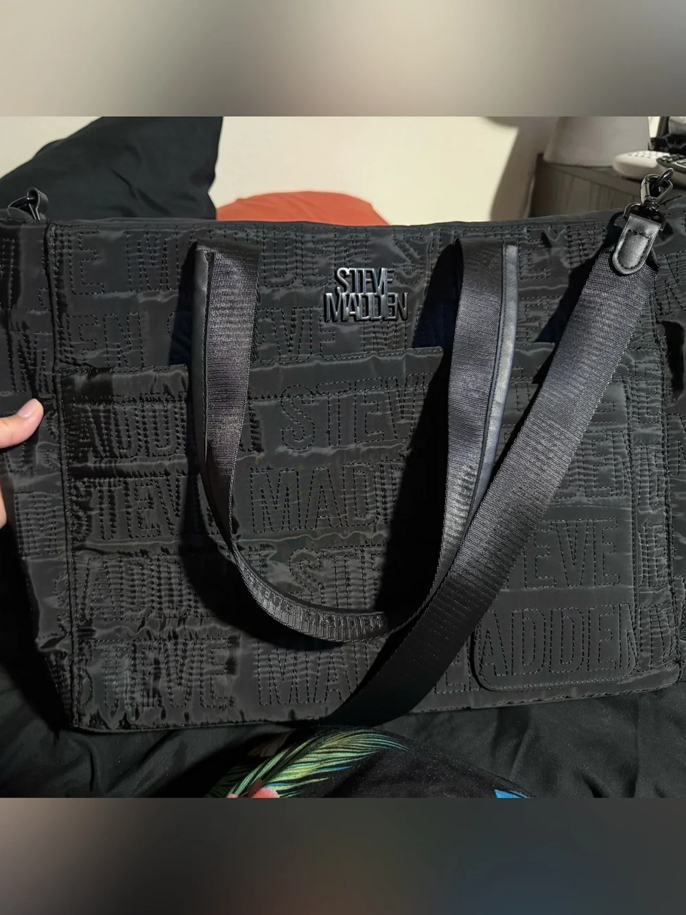 Steve Madden Black Quilted Logo Laptop Tote